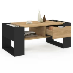 Table basse rectangulaire avec tiroir bois noir et façon hêtre*IDMarket Discount