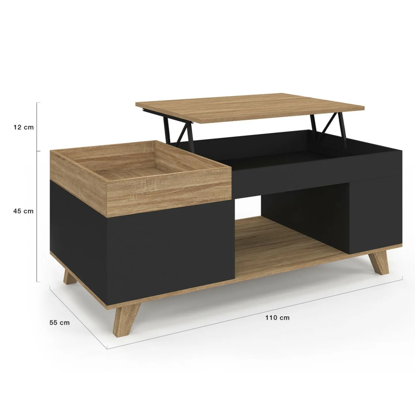 Table basse rectangulaire plateau relevable bois et noir plateau amovible avec coffre*IDMarket