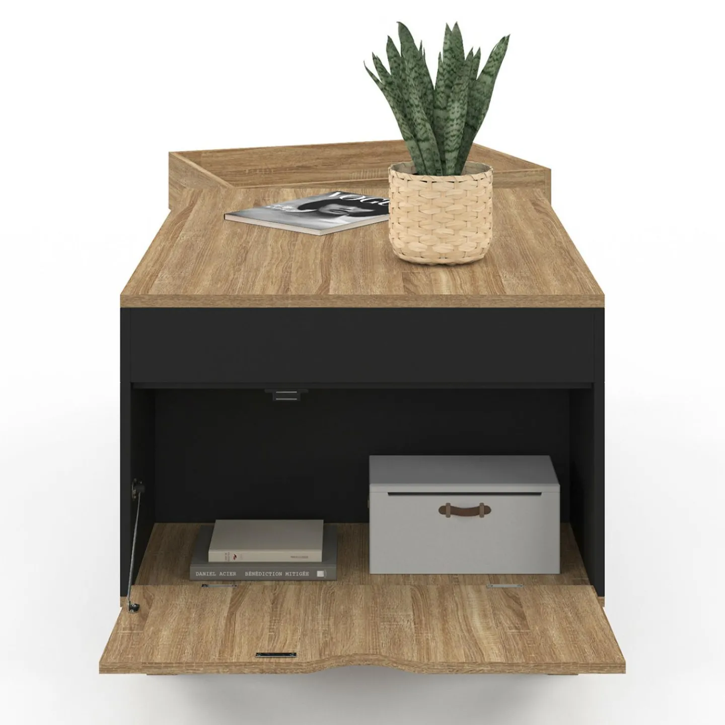 Table basse rectangulaire plateau relevable bois et noir plateau amovible avec coffre*IDMarket