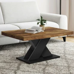 Table basse rectangulaire 100cm plateau bois vieilli et pied X noir*IDMarket Best