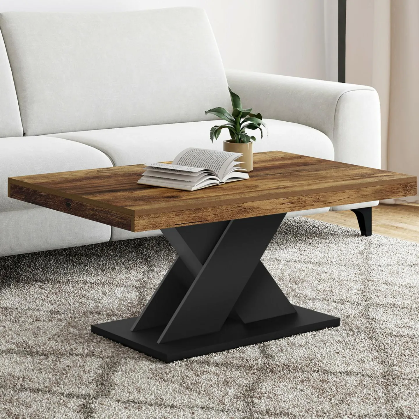 Table basse rectangulaire 100cm plateau bois vieilli et pied X noir*IDMarket Best
