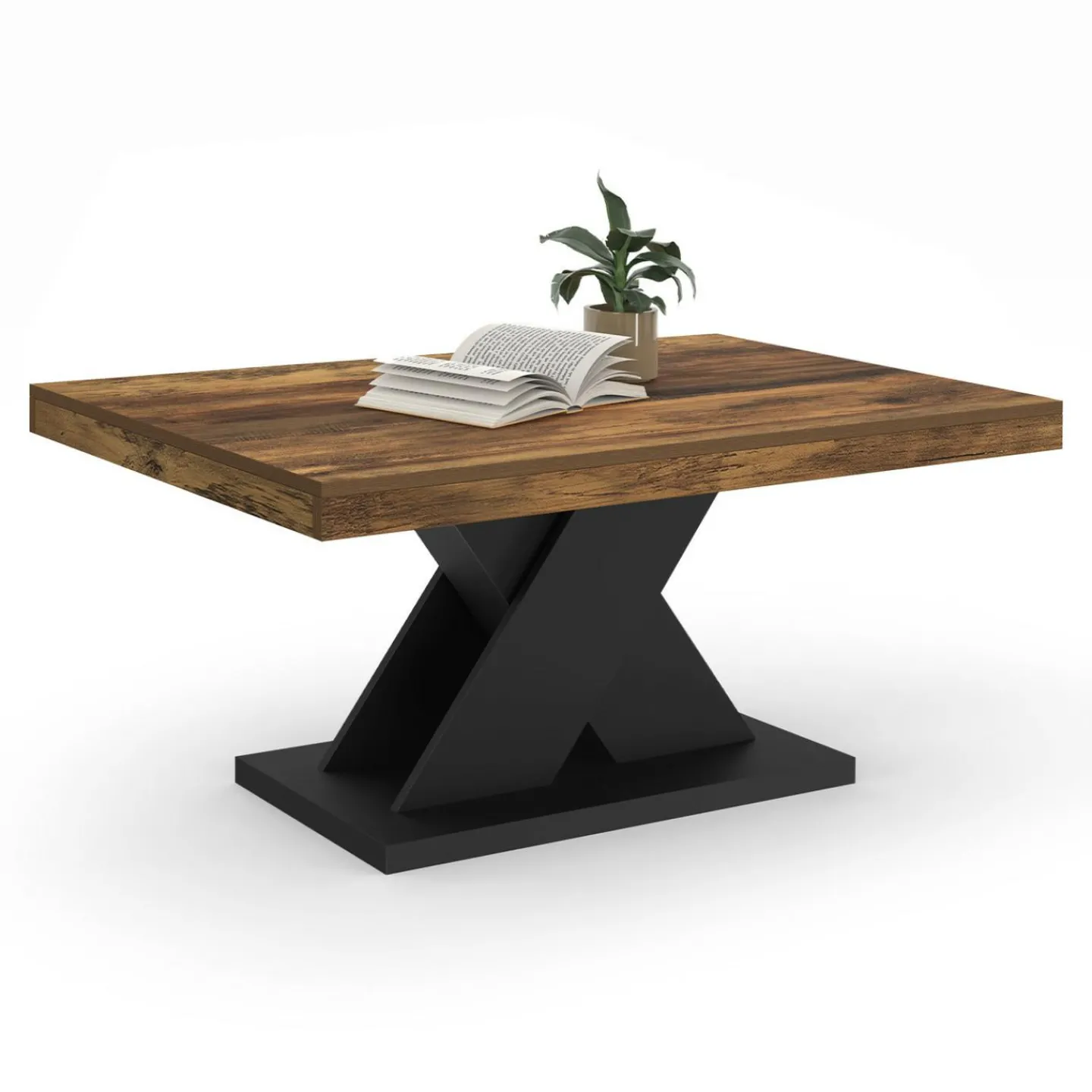 Table basse rectangulaire 100cm plateau bois vieilli et pied X noir*IDMarket Best