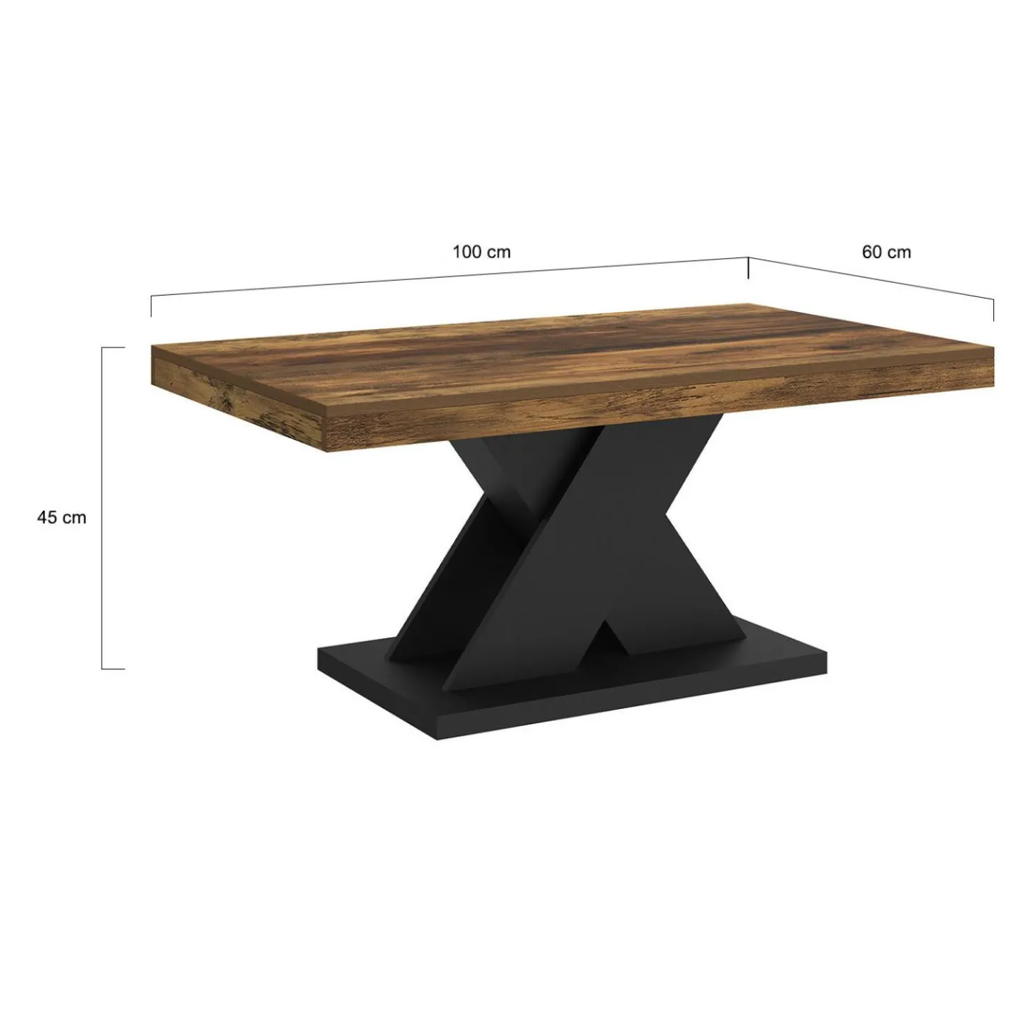 Table basse rectangulaire 100cm plateau bois vieilli et pied X noir*IDMarket Best