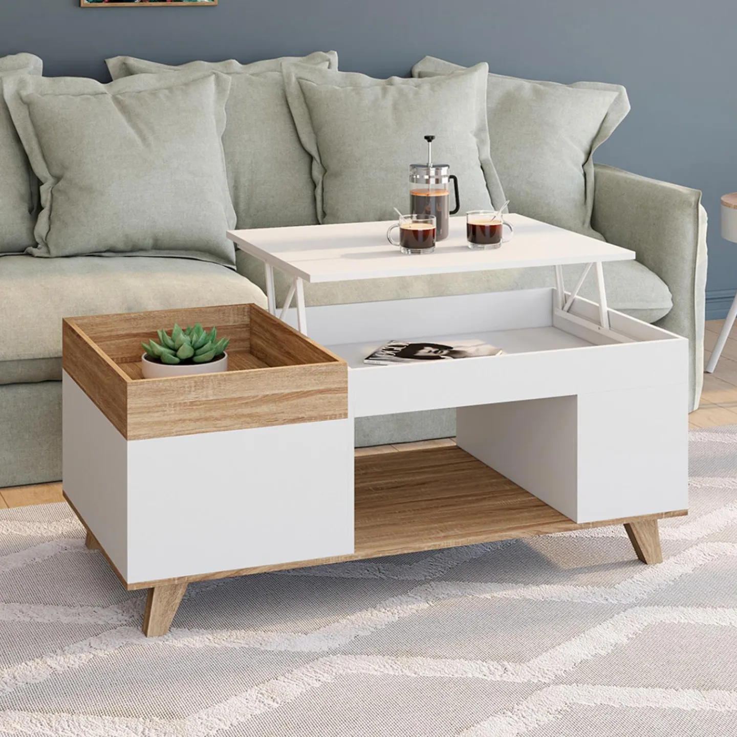 Table basse rectangulaire bois et blanc plateau relevable et coffre*IDMarket Clearance