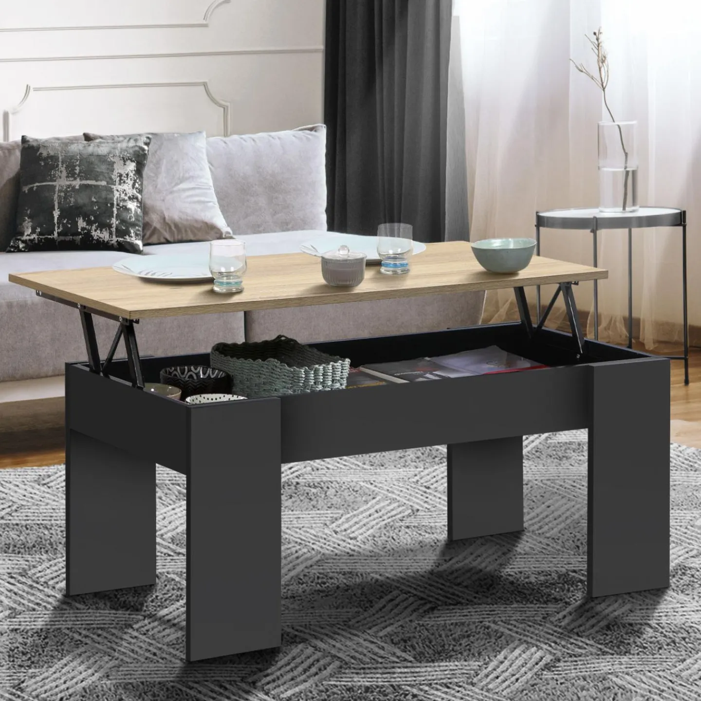 Table basse rectangulaire relevable bois noir et imitation hêtre*IDMarket Online
