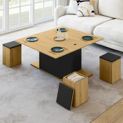 Table basse rectangulaire double plateau relevable avec poufs bois et noir convertible en table à manger*IDMarket Online