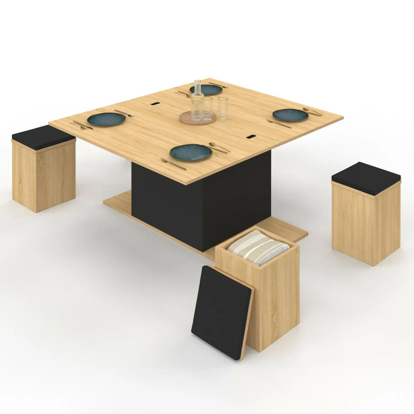 Table basse rectangulaire double plateau relevable avec poufs bois et noir convertible en table à manger*IDMarket Online