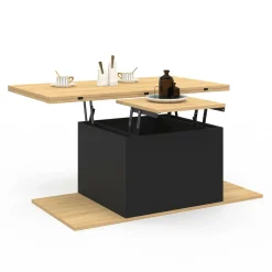 Table basse rectangulaire double plateau relevable avec poufs bois et noir convertible en table à manger*IDMarket Online