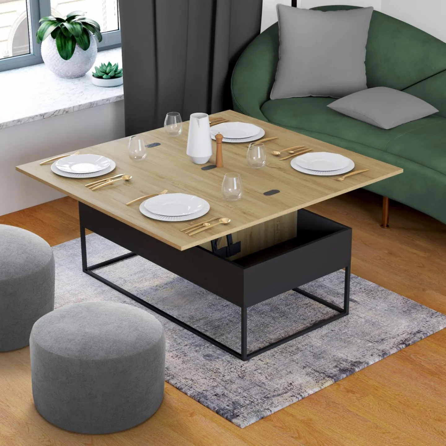 Table basse rectangulaire industrielle relevable et convertible pour manger*IDMarket Hot
