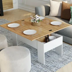 Table basse rectangulaire double plateau relevable bois imitation hêtre*IDMarket Discount