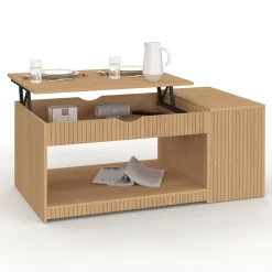 Table basse rectangulaire plateau relevable avec coffre lattes tasseau bois coloris chêne*IDMarket