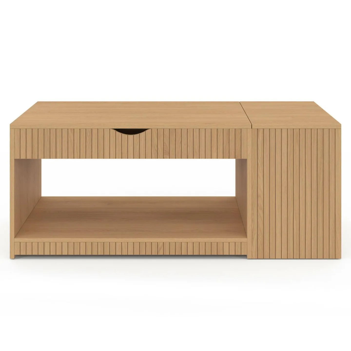 Table basse rectangulaire plateau relevable avec coffre lattes tasseau bois coloris chêne*IDMarket