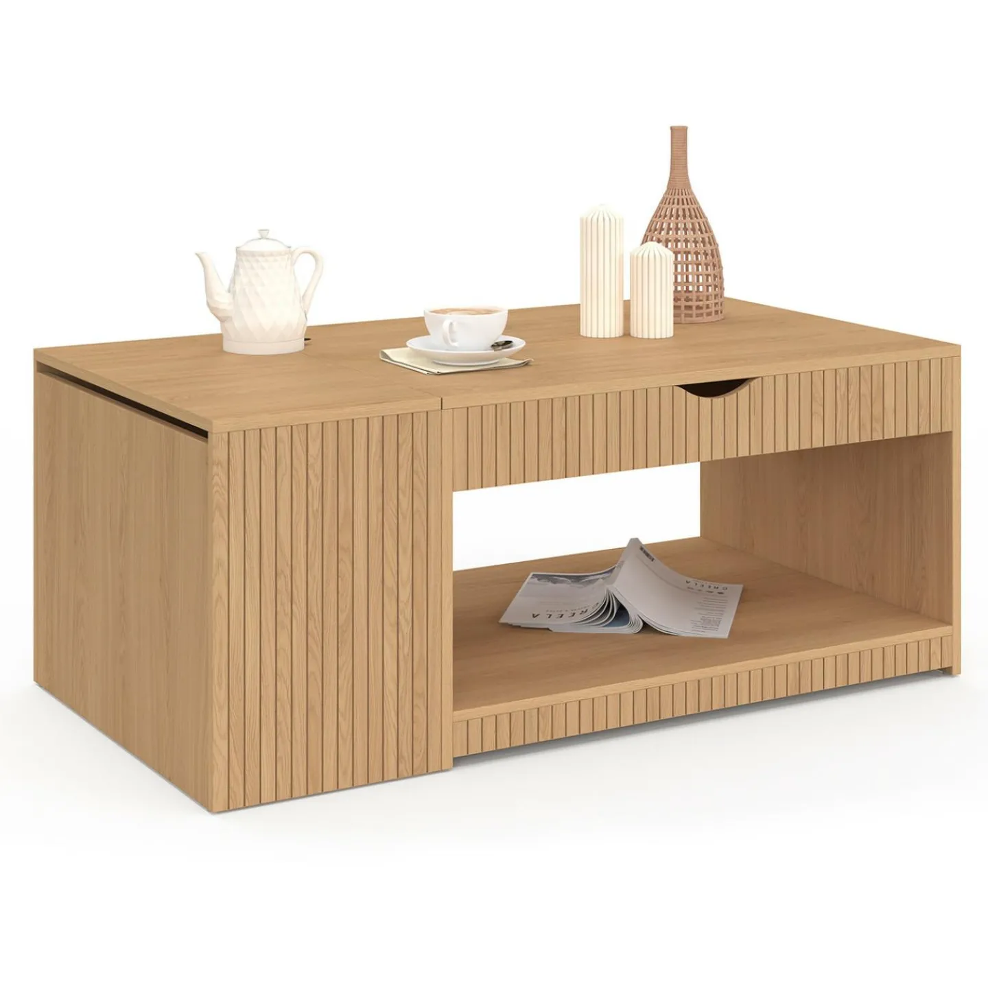 Table basse rectangulaire plateau relevable avec coffre lattes tasseau bois coloris chêne*IDMarket