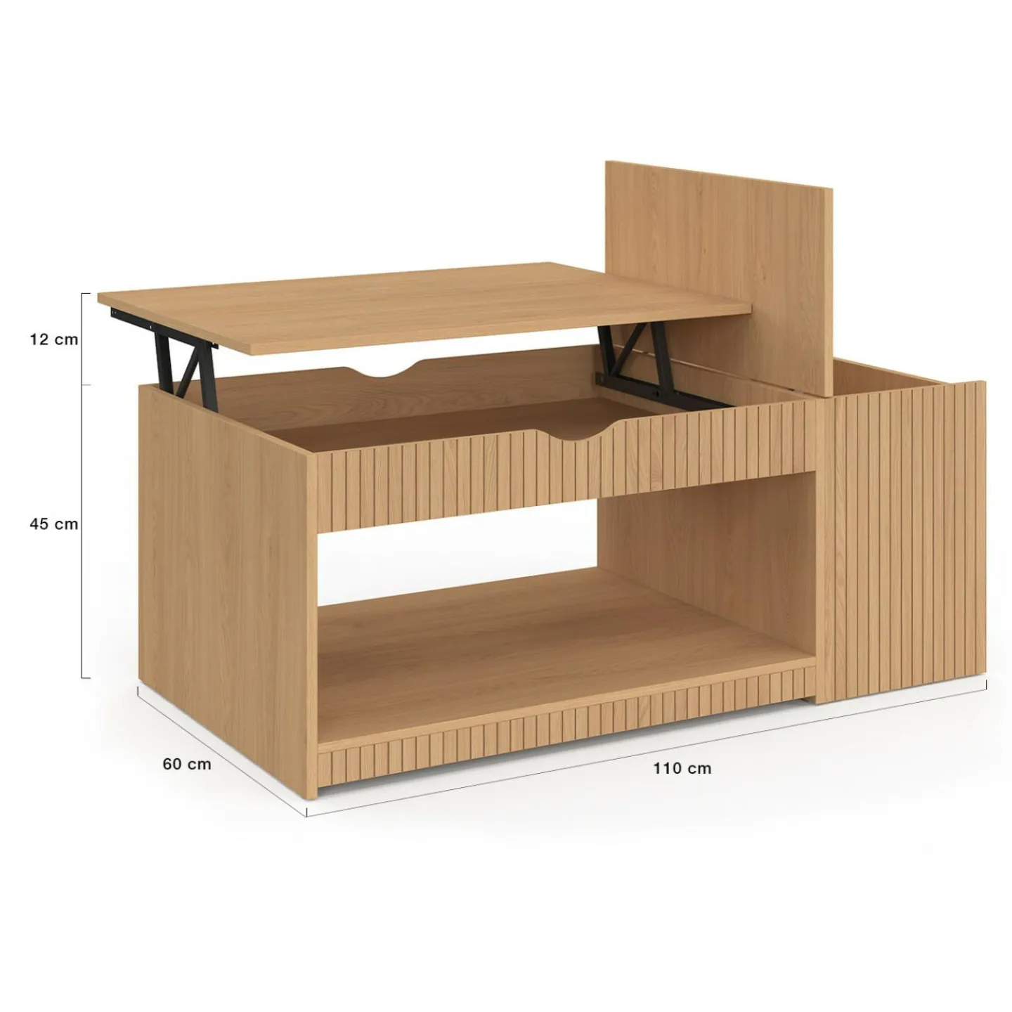 Table basse rectangulaire plateau relevable avec coffre lattes tasseau bois coloris chêne*IDMarket