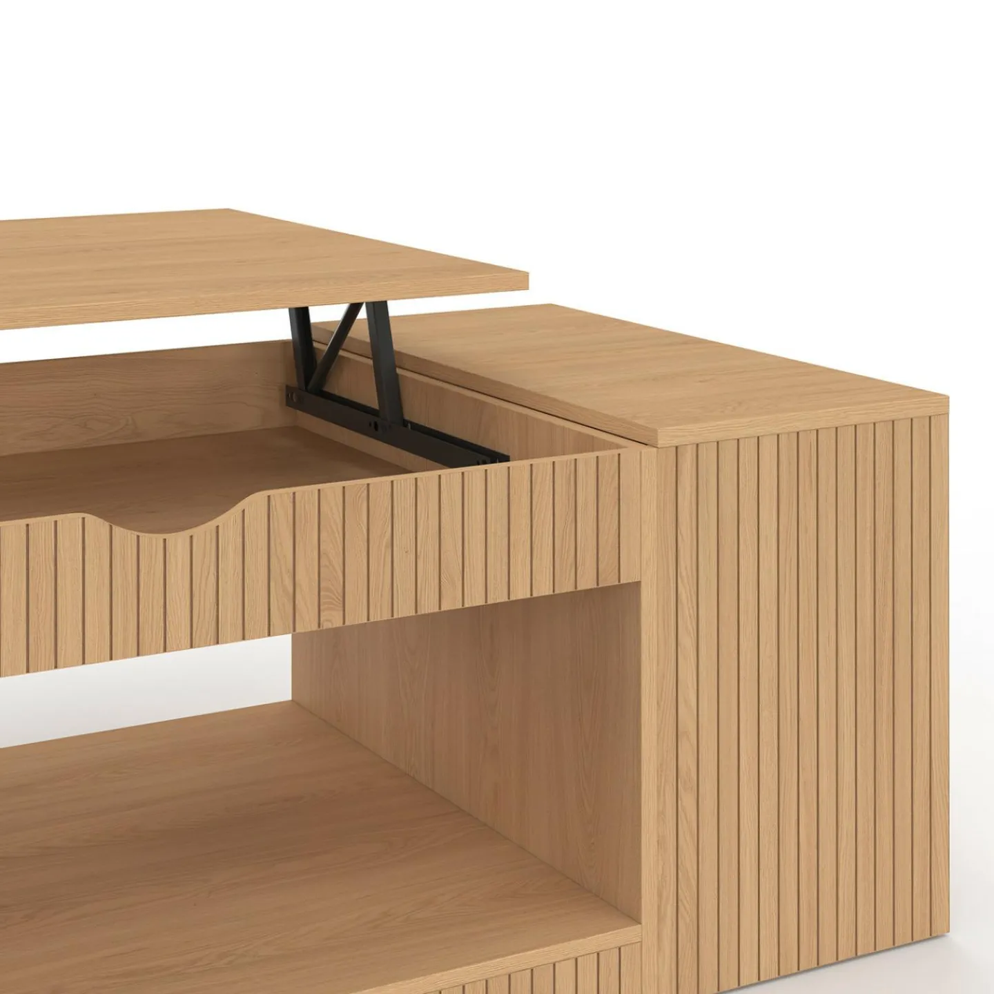 Table basse rectangulaire plateau relevable avec coffre lattes tasseau bois coloris chêne*IDMarket