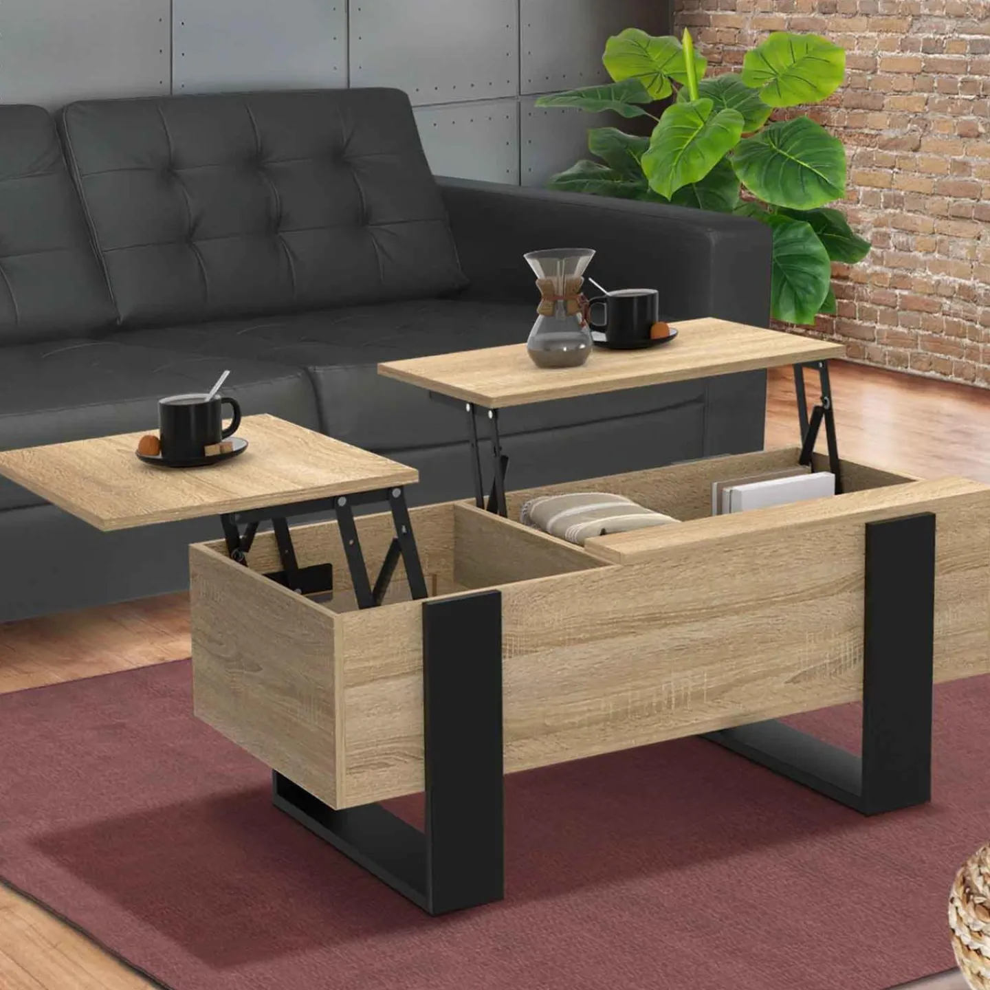 Table basse relevable 2 plateaux bois et noir*IDMarket Discount