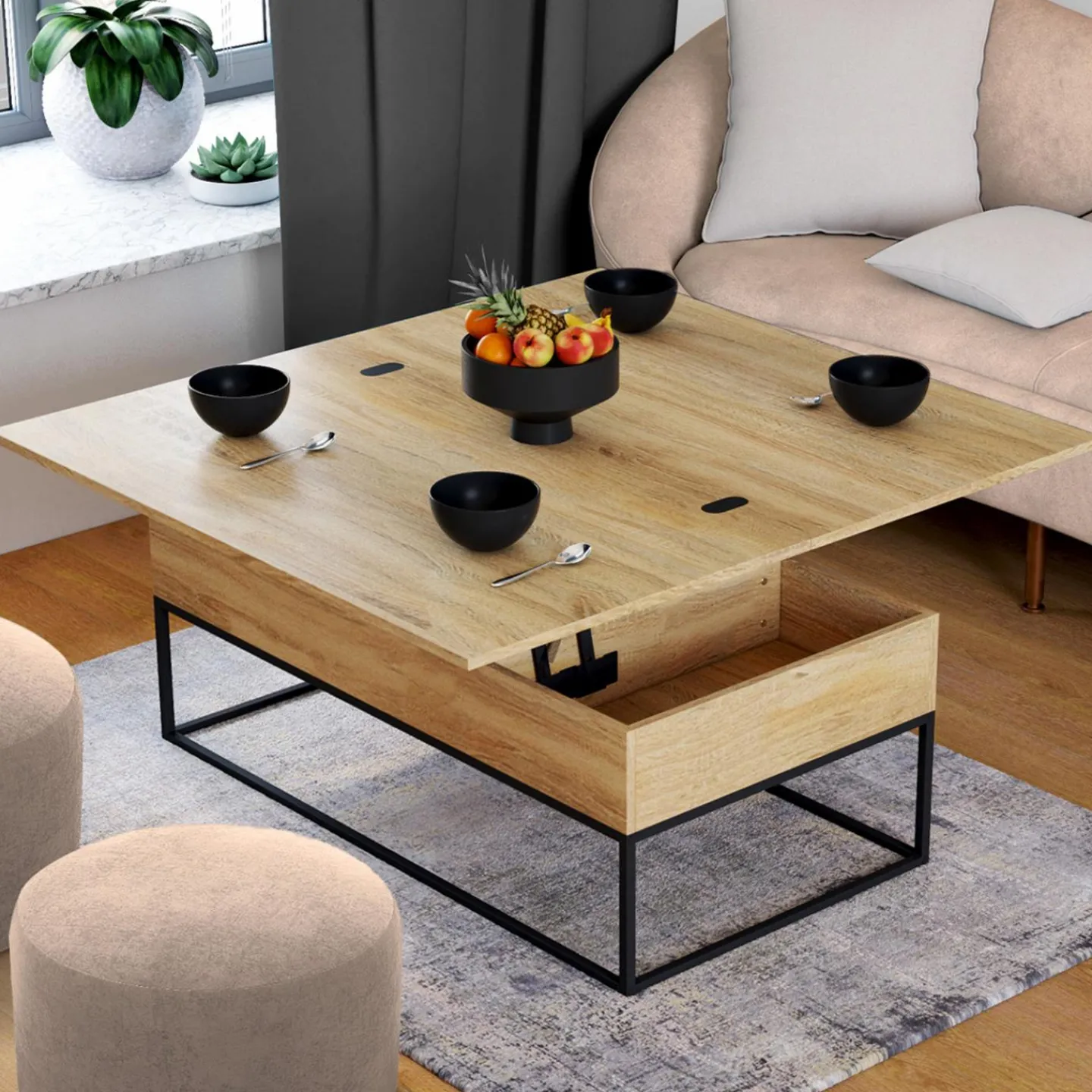 Table basse relevable industrielle rectangulaire convertible en table à manger*IDMarket Discount