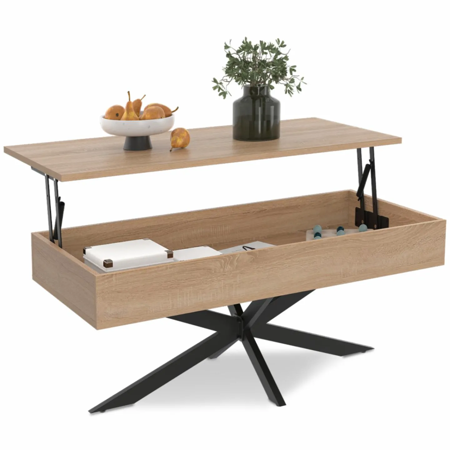 Table basse relevable industrielle rectangulaire bois et noir 100 cm pied araignée*IDMarket Best