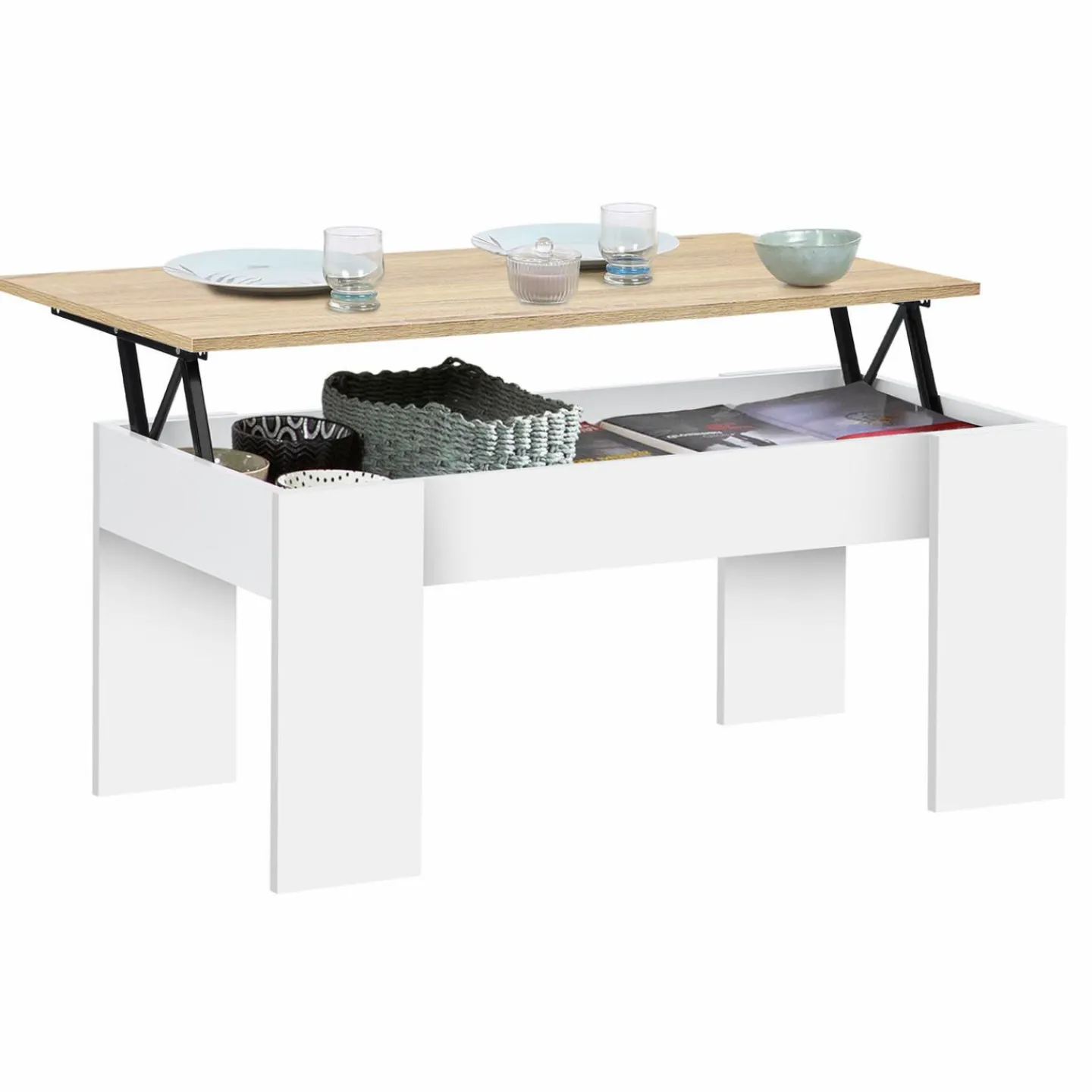 Table basse relevable rectangulaire bois blanc et imitation hêtre*IDMarket Outlet