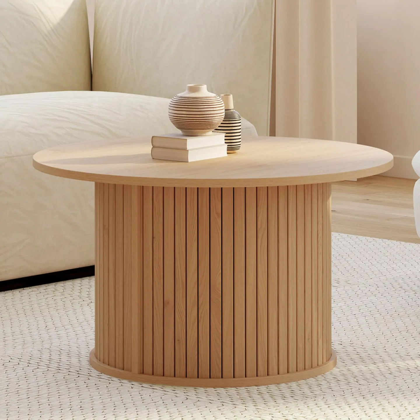 Table basse ronde 70 cm lattes coloris chêne*IDMarket Hot