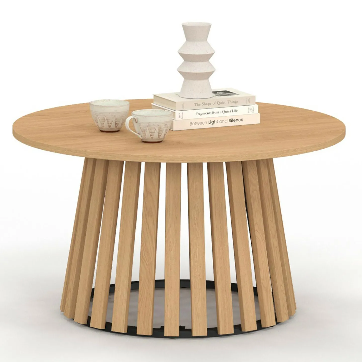 Table basse ronde 70 cm pied bois en lattes et plateau bois*IDMarket Online