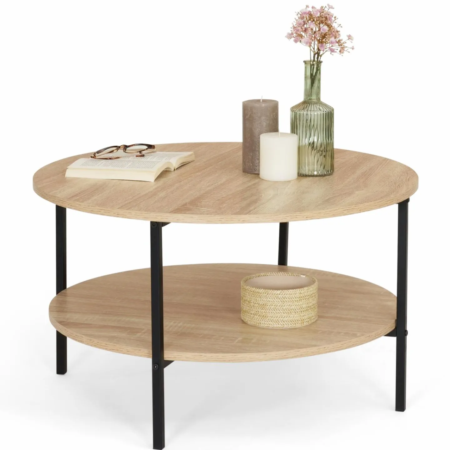 Table basse ronde double plateau style industriel 70 cm*IDMarket Online