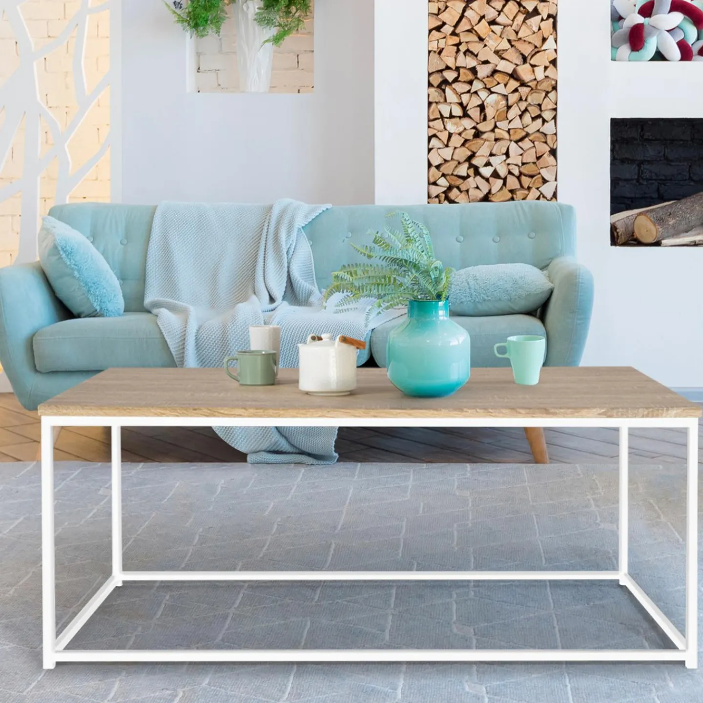 Table basse style industriel bois et métal blanc*IDMarket