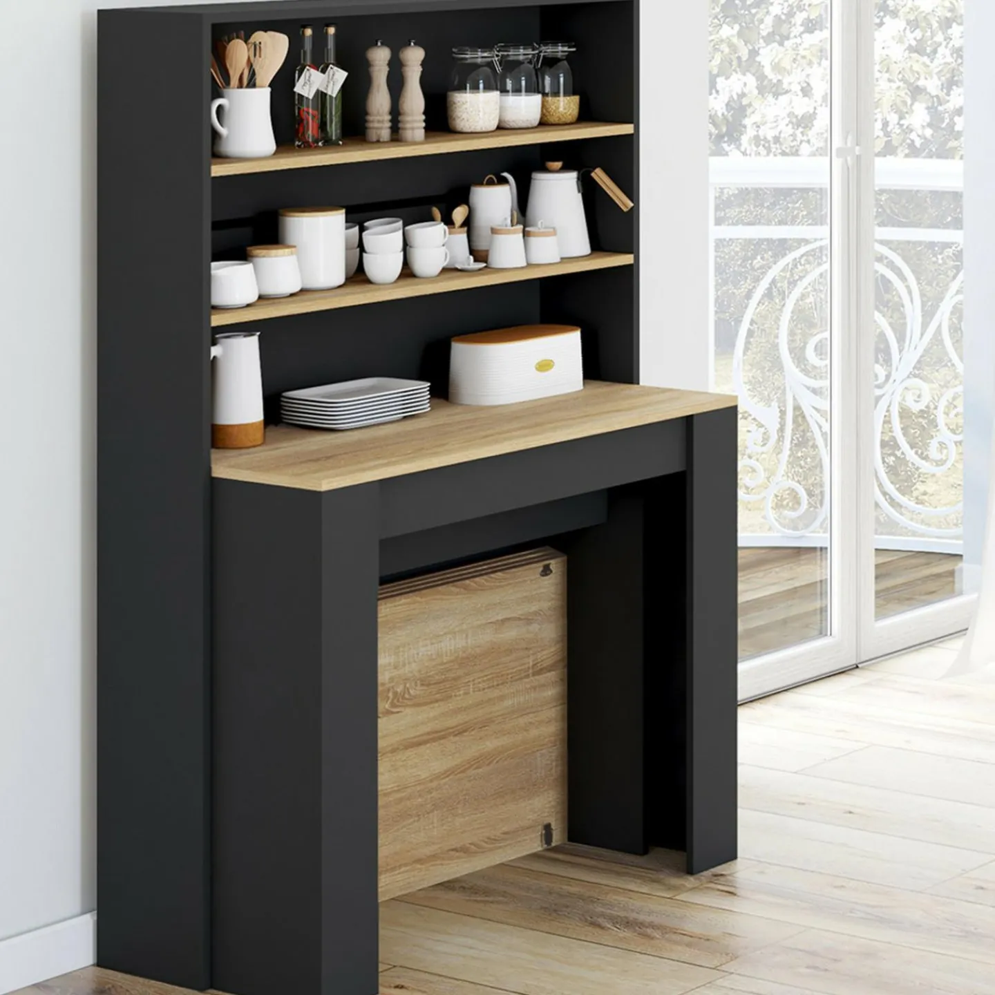 Table buffet haut extensible 8 personnes bois et noir 235 cm*IDMarket Outlet