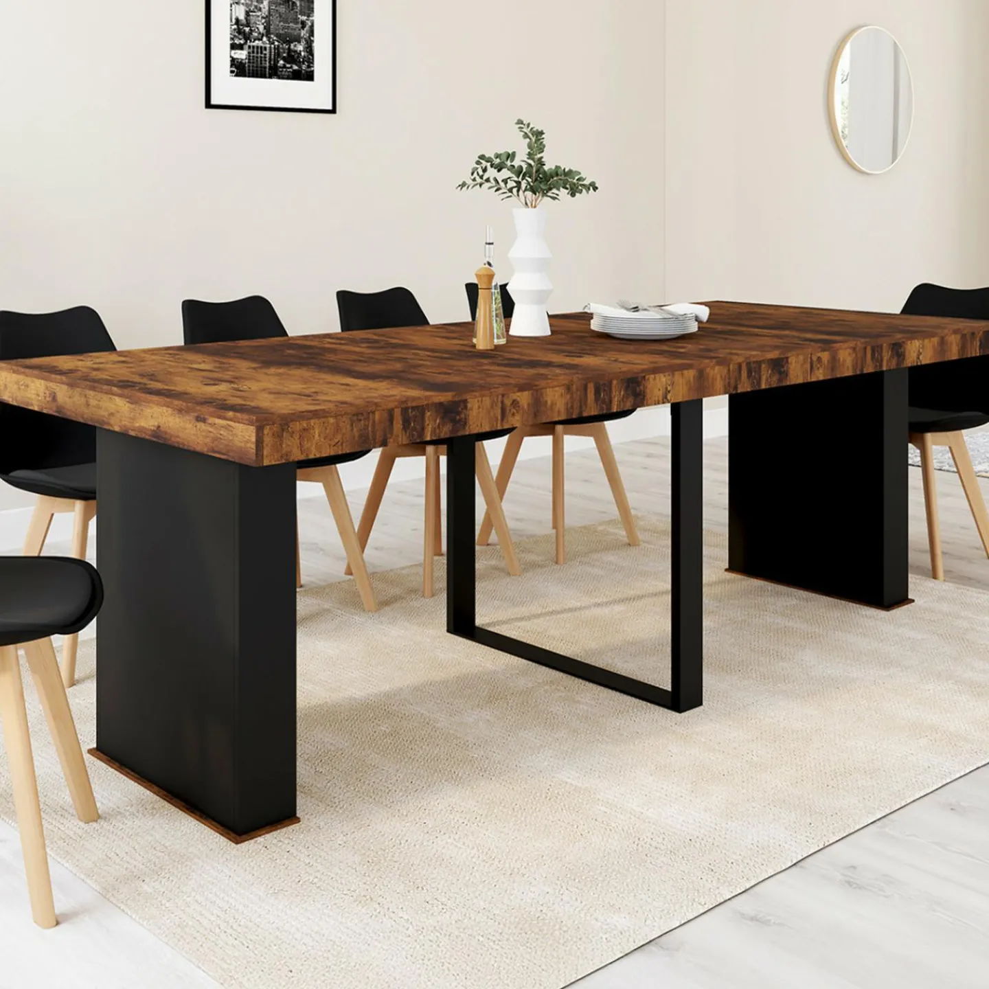 Table console extensible 10 personnes 235 cm bois effet vieilli et noir*IDMarket Online