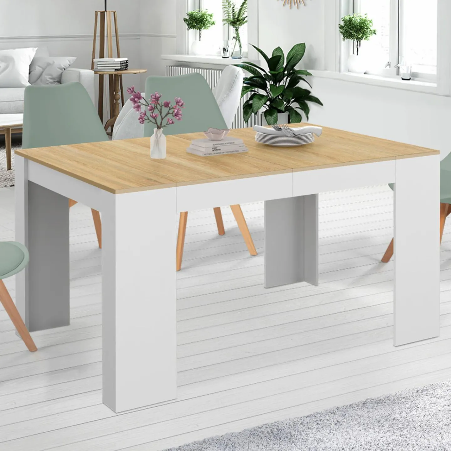 Table console extensible 140 cm blanc et bois façon hêtre*IDMarket Hot