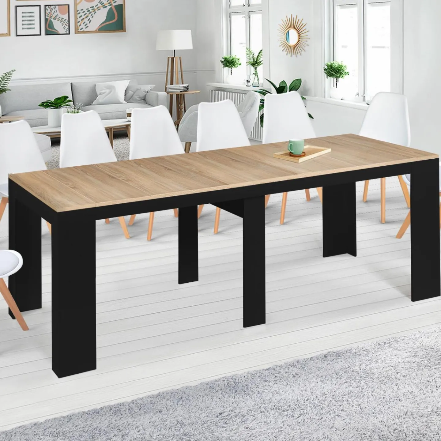 Table console extensible 14 personnes bois noir et façon hêtre*IDMarket Online