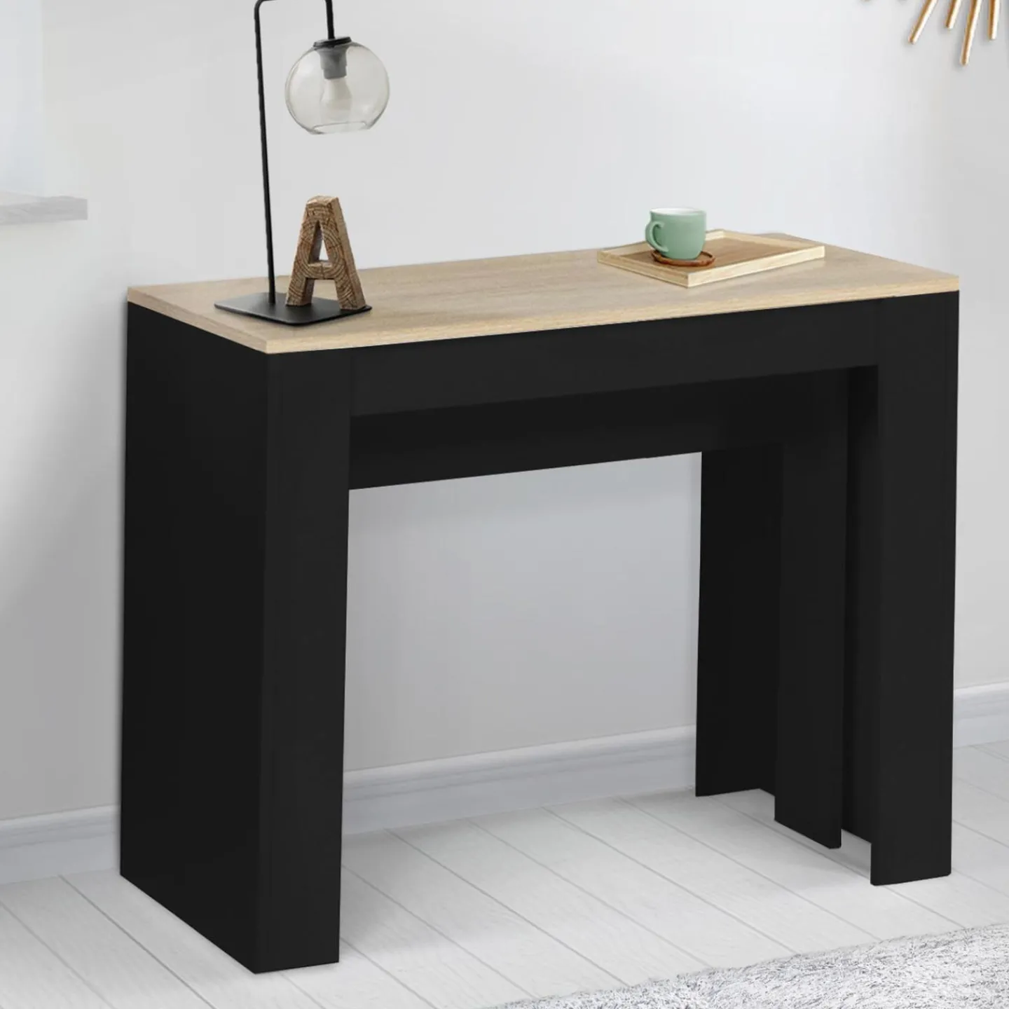 Table console extensible 14 personnes bois noir et façon hêtre*IDMarket Online