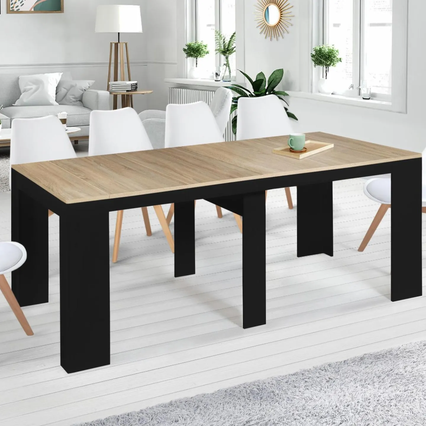 Table console extensible 10 personnes bois noir et façon hêtre*IDMarket Best