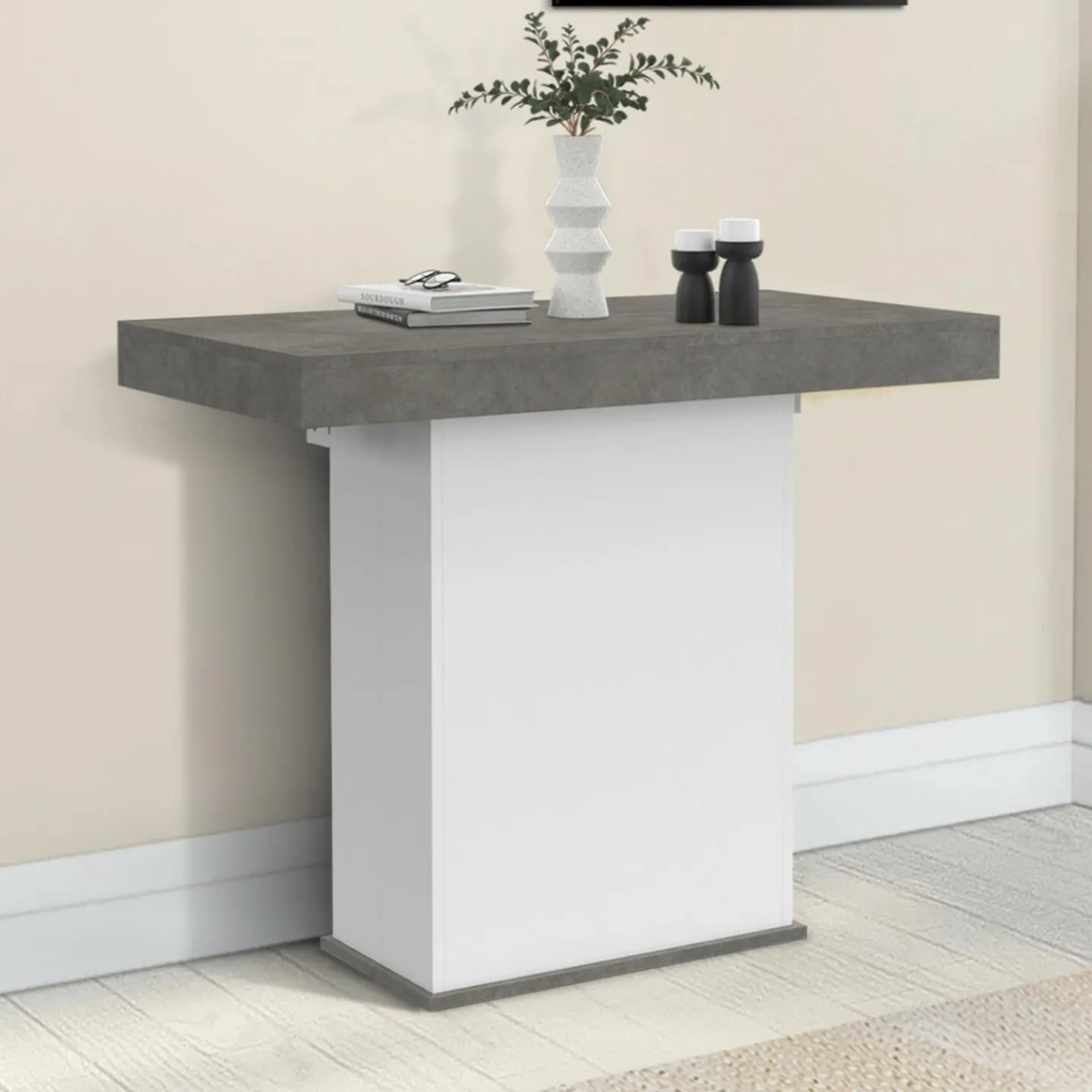 Table console extensible 10 personnes 235 cm béton et blanc*IDMarket Hot