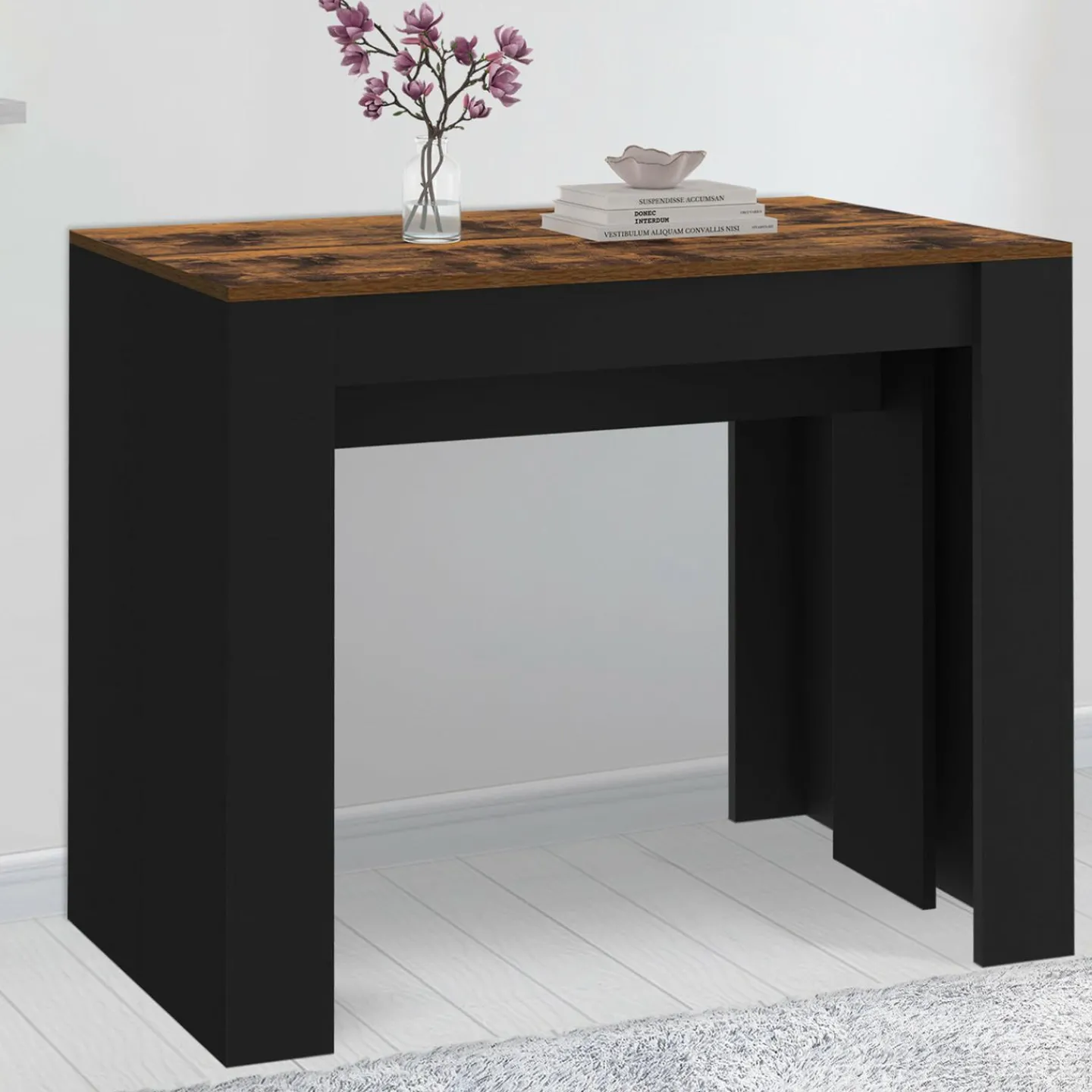 Table console extensible 235 cm effet vieilli et noir 10 personnes*IDMarket Best