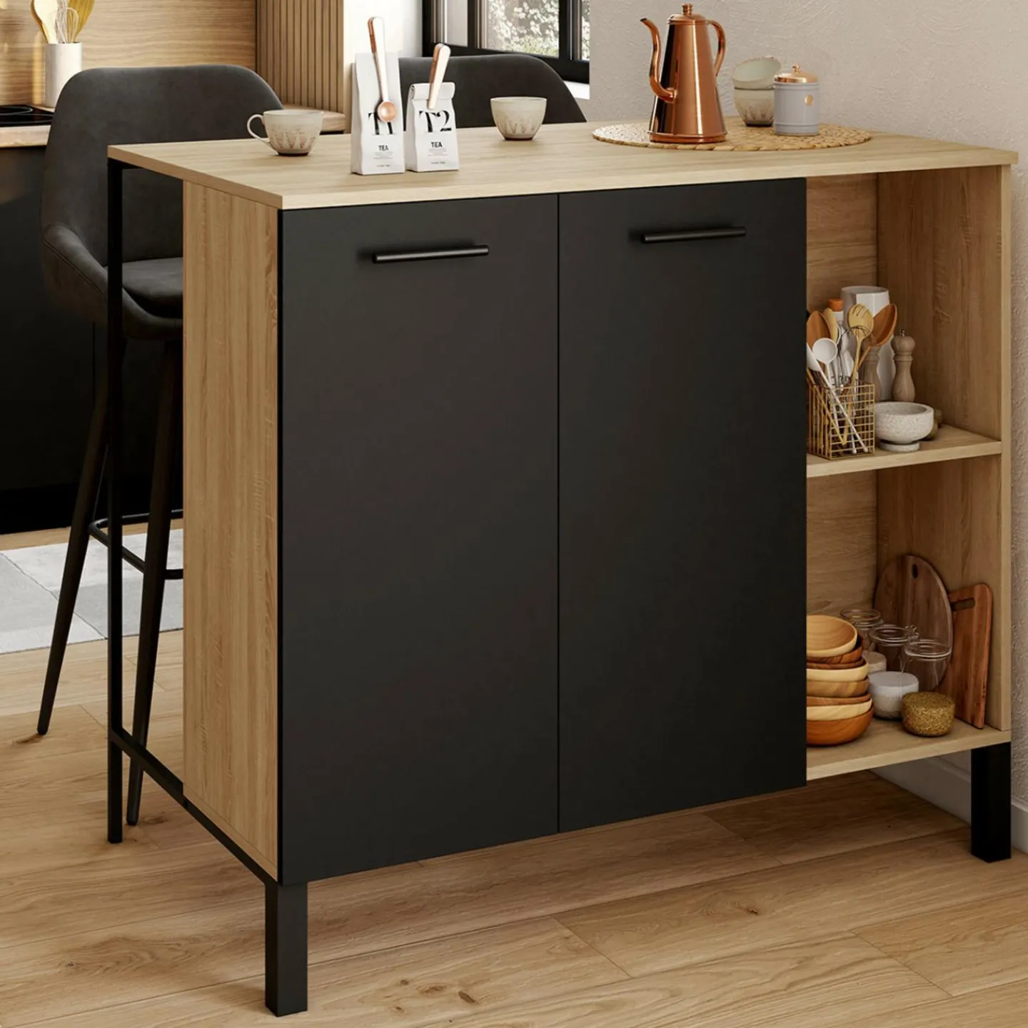 Table de bar îlot 100 cm bois noir et plateau façon hêtre*IDMarket New