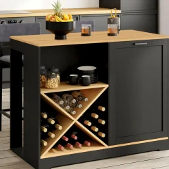 Table de bar îlot en bois noir avec range-bouteilles et plateau façon hêtre 113 cm*IDMarket Hot