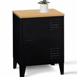 Table de chevet casier porte métal noir et plateau bois*IDMarket Outlet