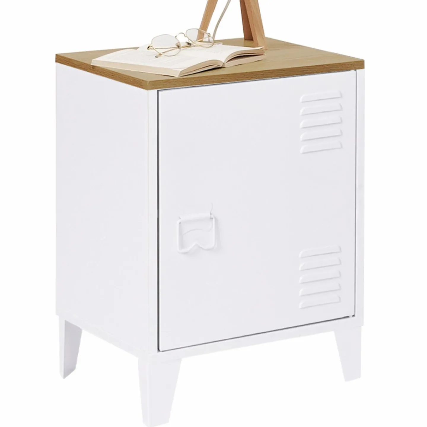 Table de chevet industrielle porte métal et plateau imitation hêtre*IDMarket