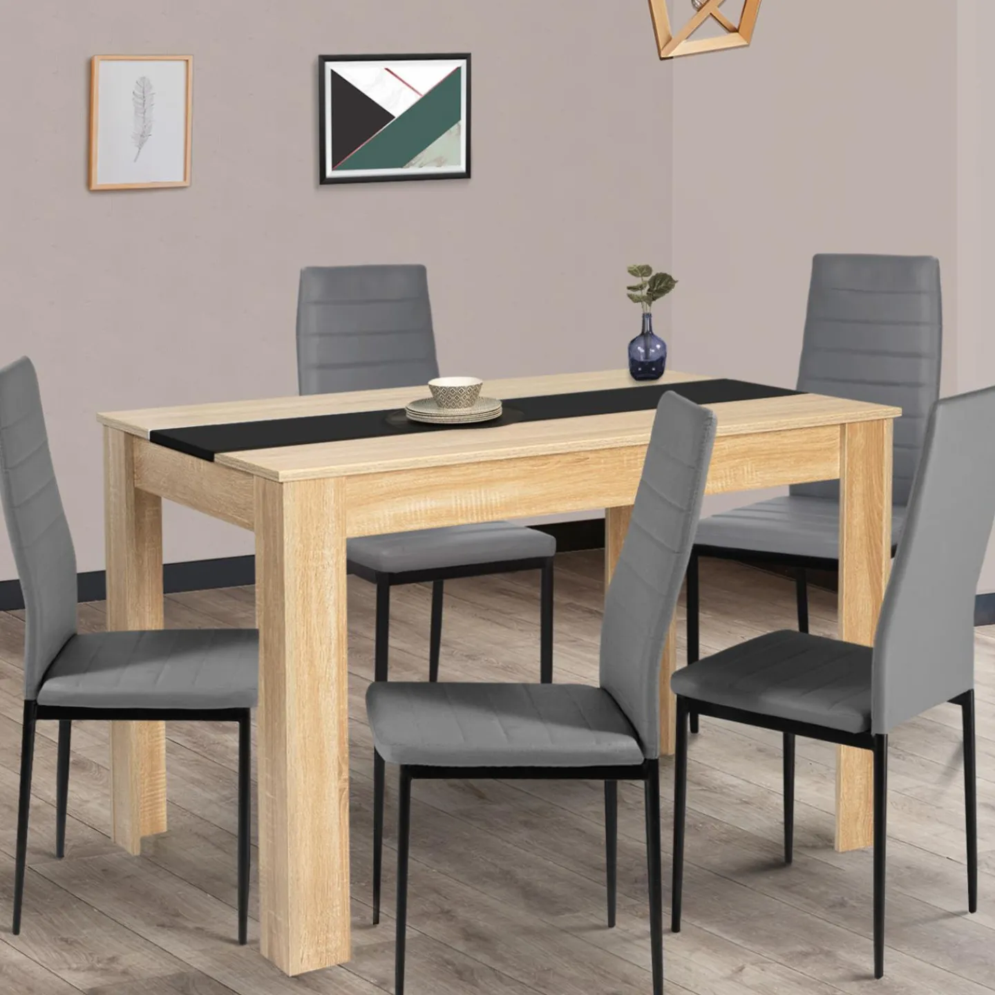 Table de cuisine 4 personnes imitation hêtre et noire*IDMarket Online