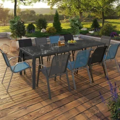 Table de jardin 240 cm 10 personnes et chaises empilables bleues, grises et noires*IDMarket New