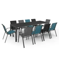 Table de jardin 240 cm 10 personnes et chaises empilables bleues, grises et noires*IDMarket New