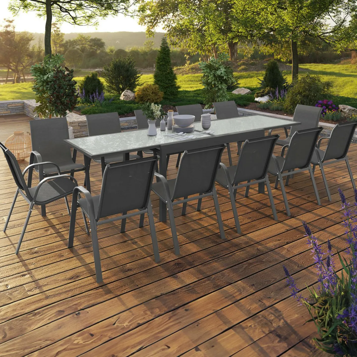 Table de jardin extensible 12 places grise avec chaises*IDMarket Discount