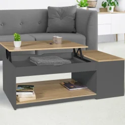 Table de salon avec plateau relevable et coffre bois gris et plateau façon hêtre*IDMarket New