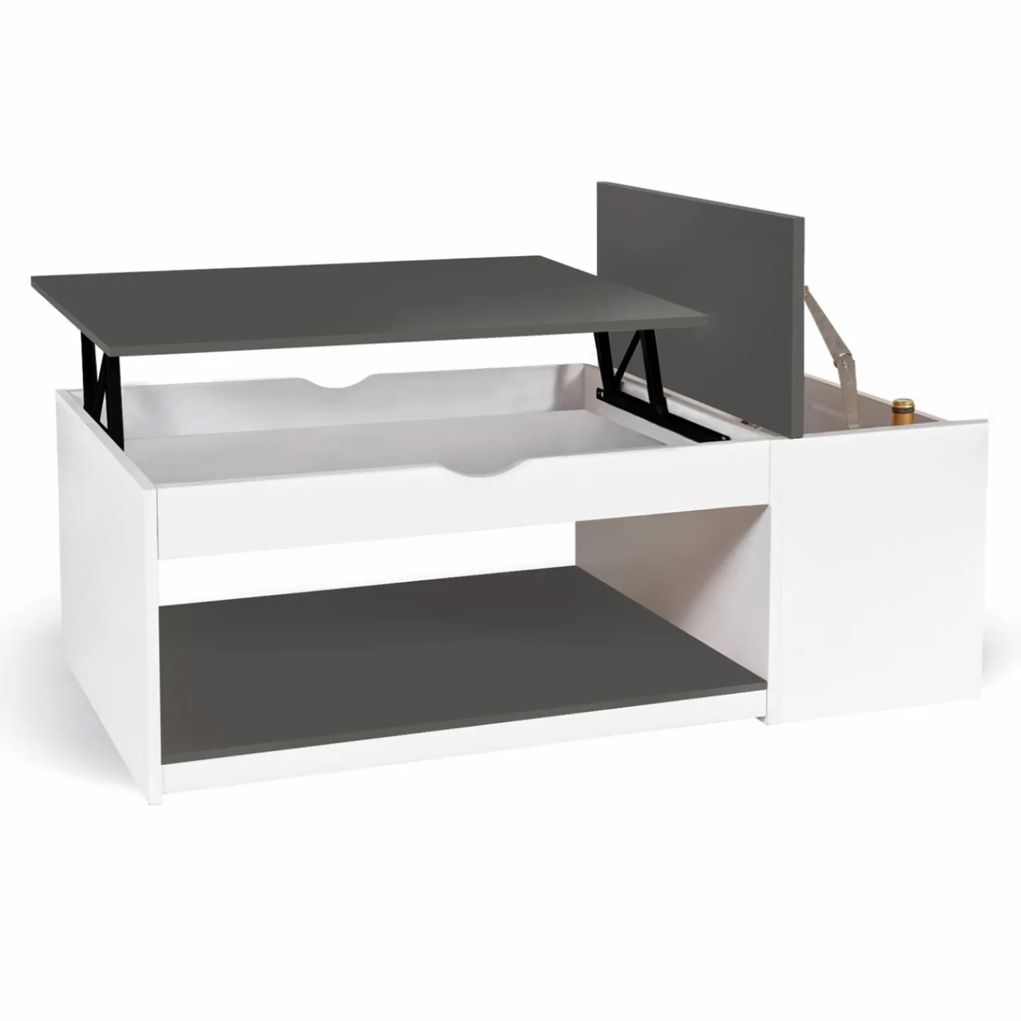 Table de salon avec plateau relevable et coffre bois blanc et plateau gris*IDMarket Online