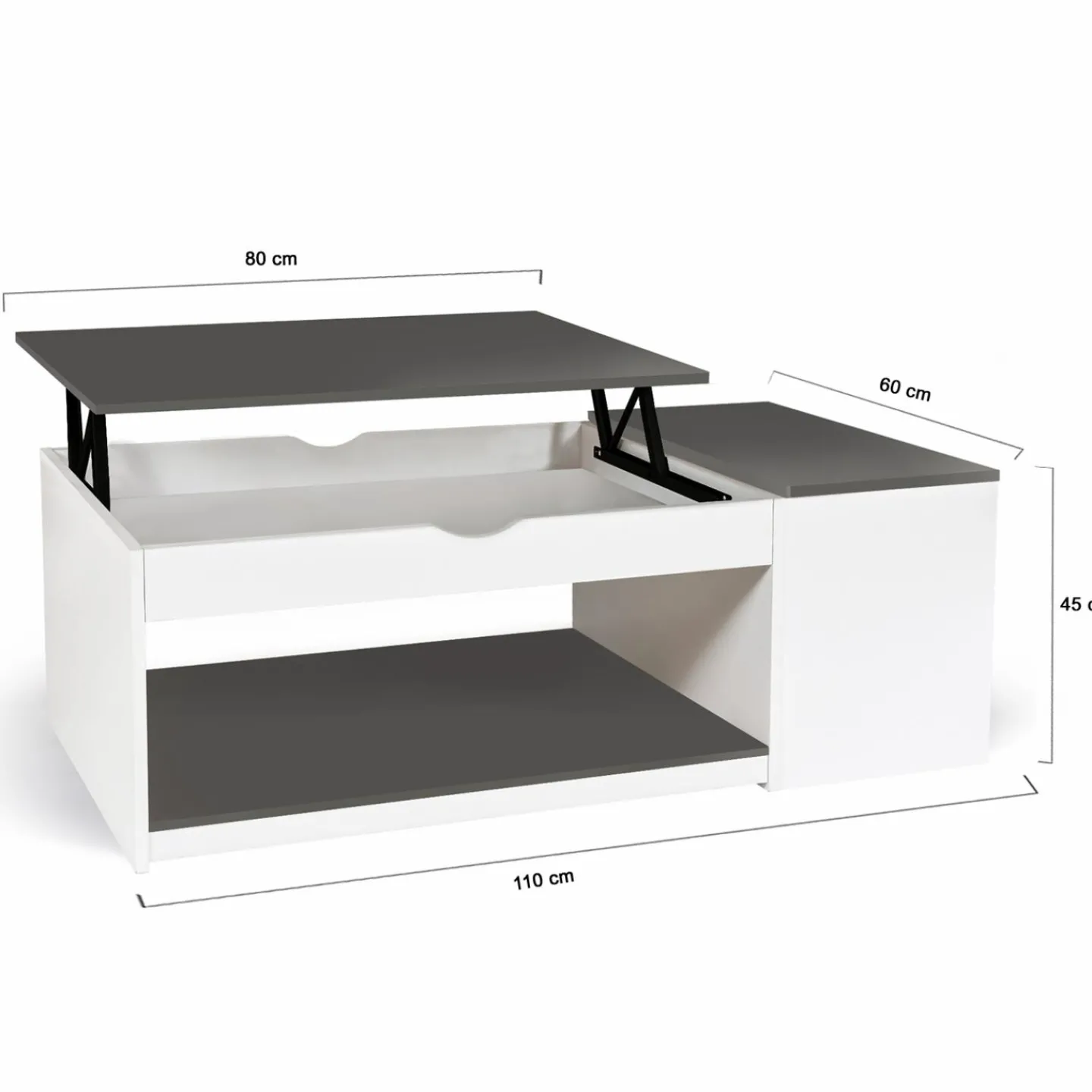 Table de salon avec plateau relevable et coffre bois blanc et plateau gris*IDMarket Online