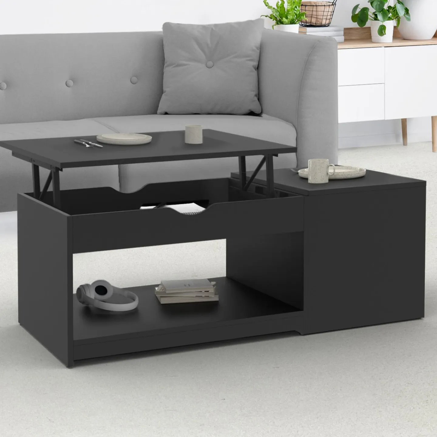 Table de salon avec plateau relevable bois noir*IDMarket