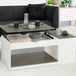 Table de salon avec plateau relevable effet béton et bois blanc*IDMarket Clearance
