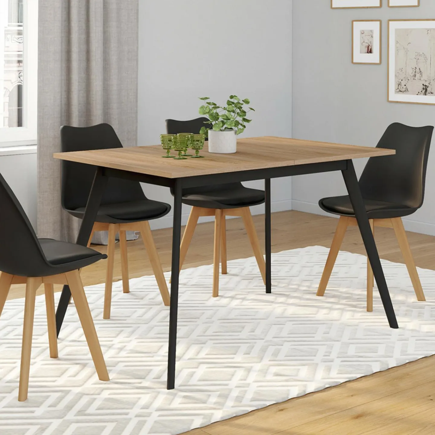 Table extensible scandinave plateau bois pieds noirs 120-160 cm*IDMarket Hot