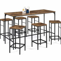 Table haute avec 6 tabourets bois effet vieilli*IDMarket